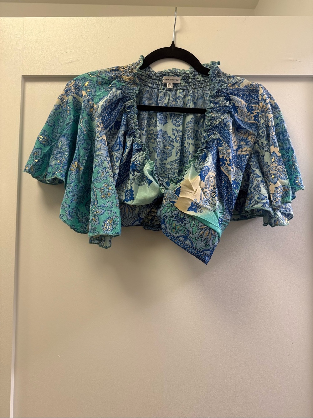 Anthropologie Blue & Mint Floral Tie-Front Crop Top